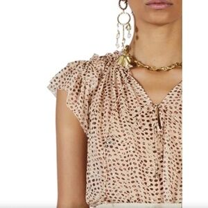 Ulla Johnson Marilyn Silk Chiffon Leopard Ikat Dot Ruffled Cap Sleeve Blouse